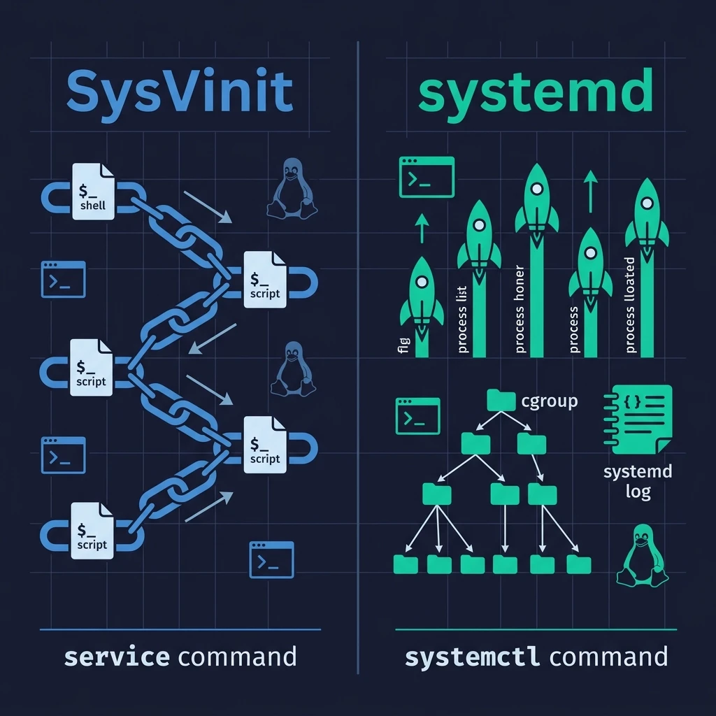 systemctl と service の進化を示す図